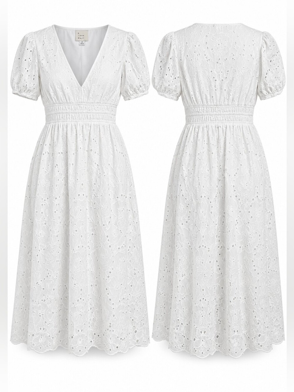 A New Day White Eyelet Midi Dress M Cotton Puff Sleeve Cottagecore Resort Bridal